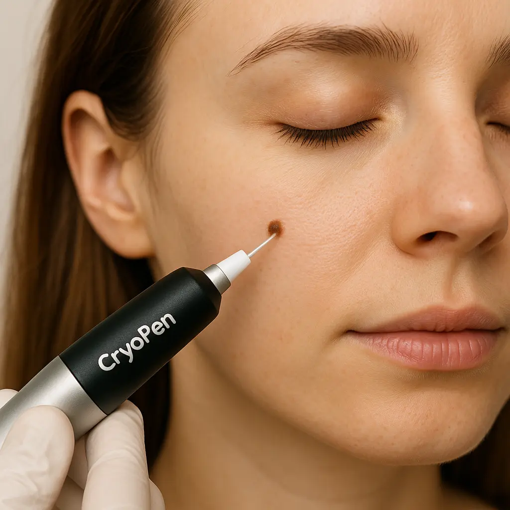 woman receiving facial mole removal Felixstowe using cryopen 